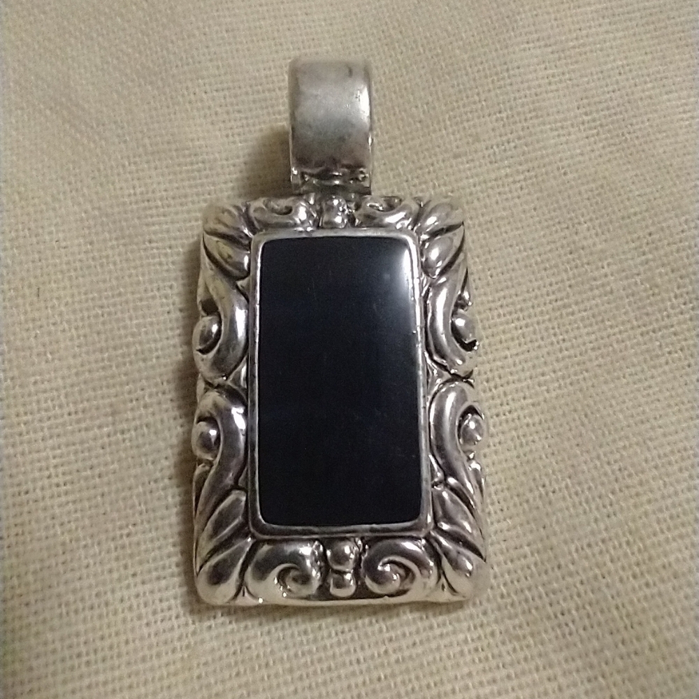 Vintage Ornate Silver Pendant With Black Enamel